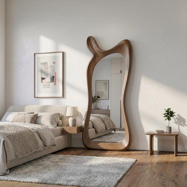 Asymmetrical Walnut Full Length Mirror: Mid-Century Modern Standing Mirror