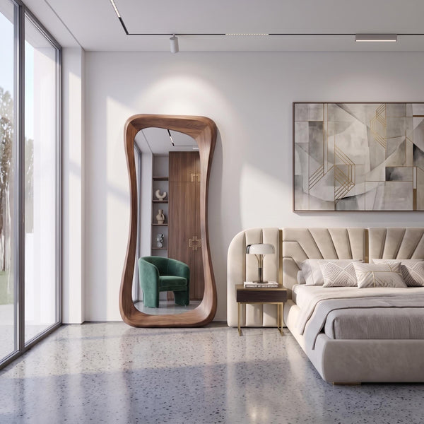 Handmade Walnut Wood Framed Asymmetrical Full Length Mirror