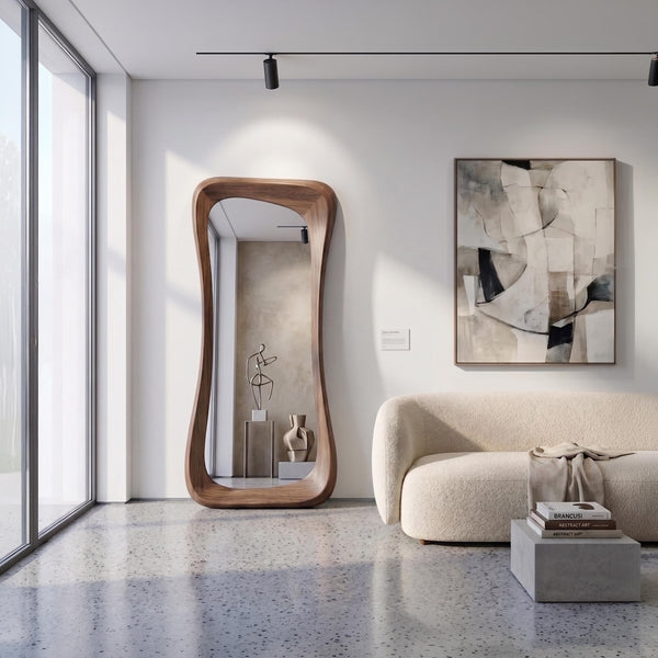 Handmade Walnut Wood Framed Asymmetrical Full Length Mirror