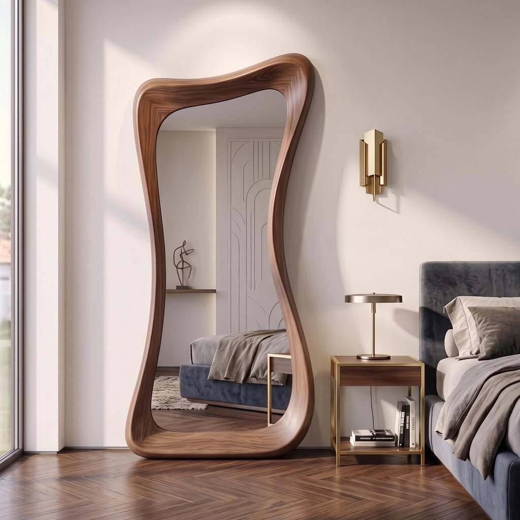 Asymmetrical Walnut Full Length Mirror, Organic Mid Century Modern Wood Frame