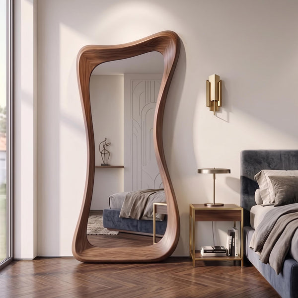 Asymmetrical Walnut Full Length Mirror, Organic Mid Century Modern Wood Frame