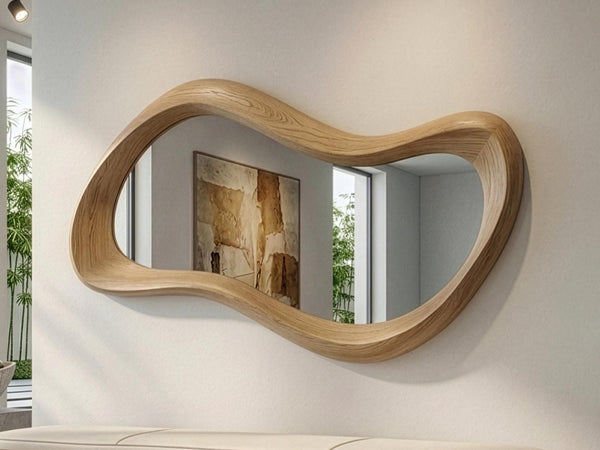 Handmade Oak Asymmetrical Mirror, Organic Modern Entryway Wall Art