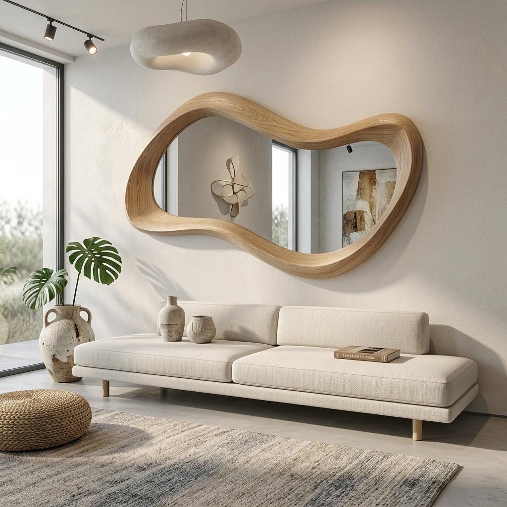 Handmade Oak Asymmetrical Mirror, Organic Modern Entryway Wall Art