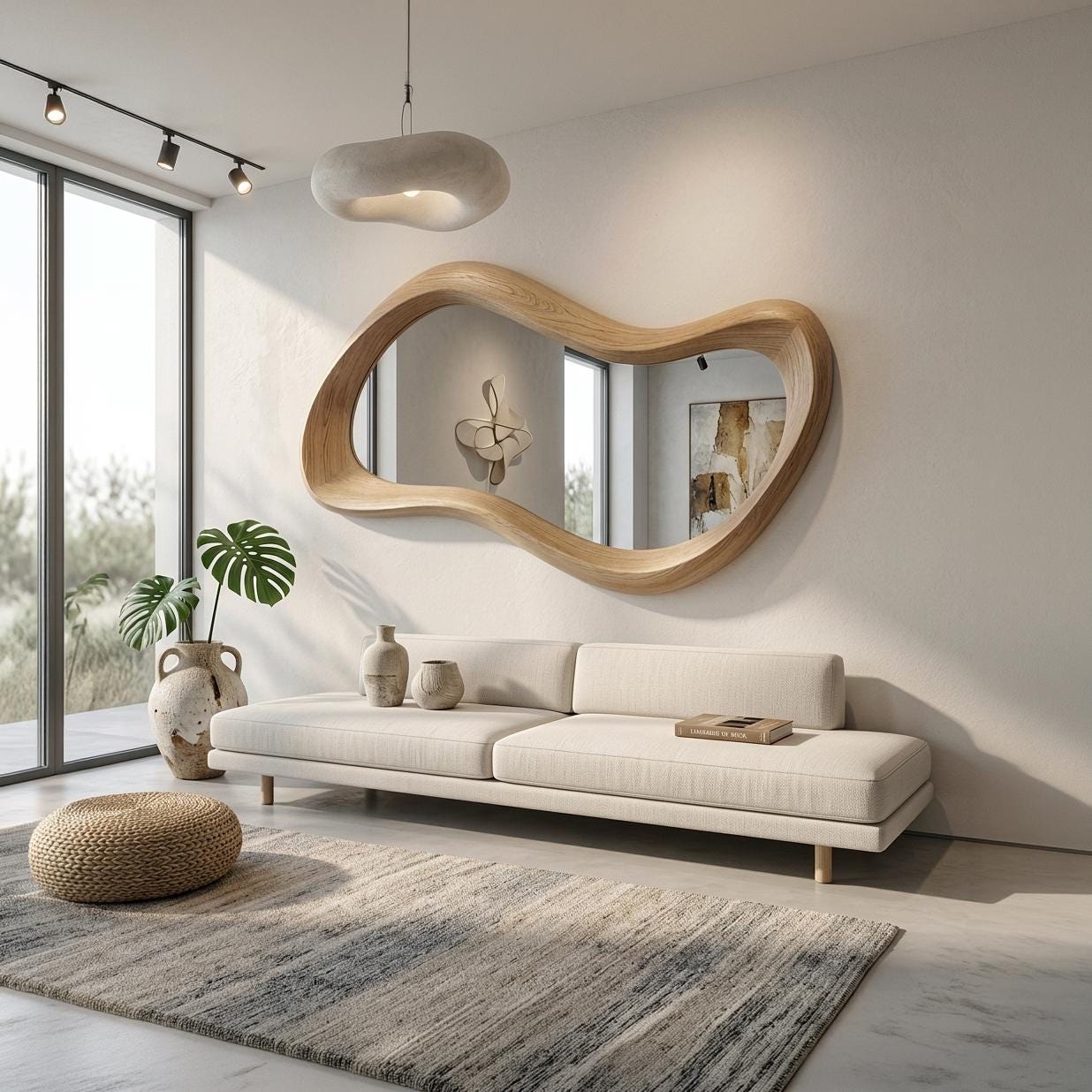 Handmade Oak Asymmetrical Mirror, Organic Modern Entryway Wall Art