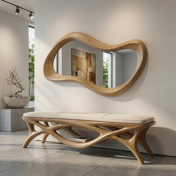 Handmade Oak Asymmetrical Mirror, Organic Modern Entryway Wall Art