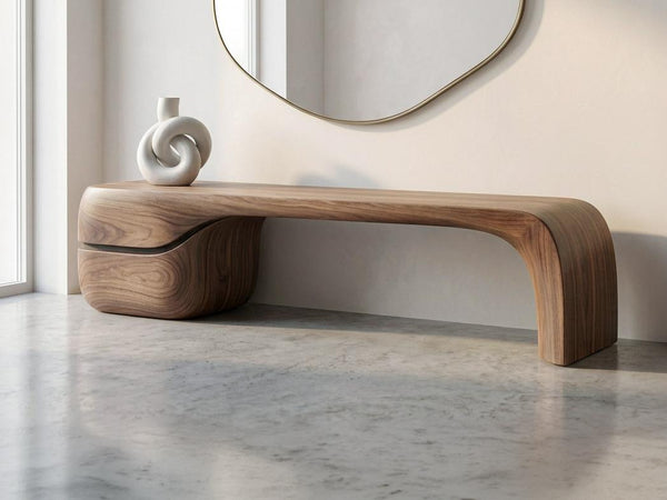 Handmade Artistic Solid Walnut Bench: Sculptural Mid-Century Modern Art Design