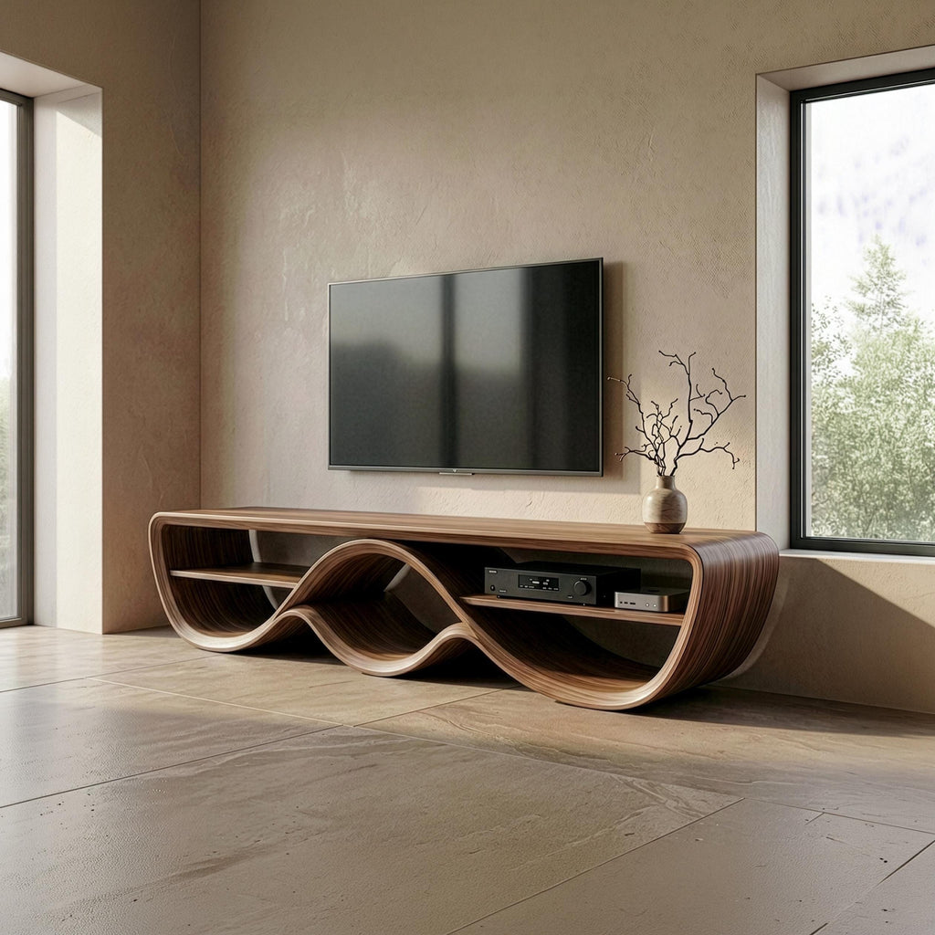 Solid Walnut Sculptural TV Stand, Organic Bent Wood Mid Century Console