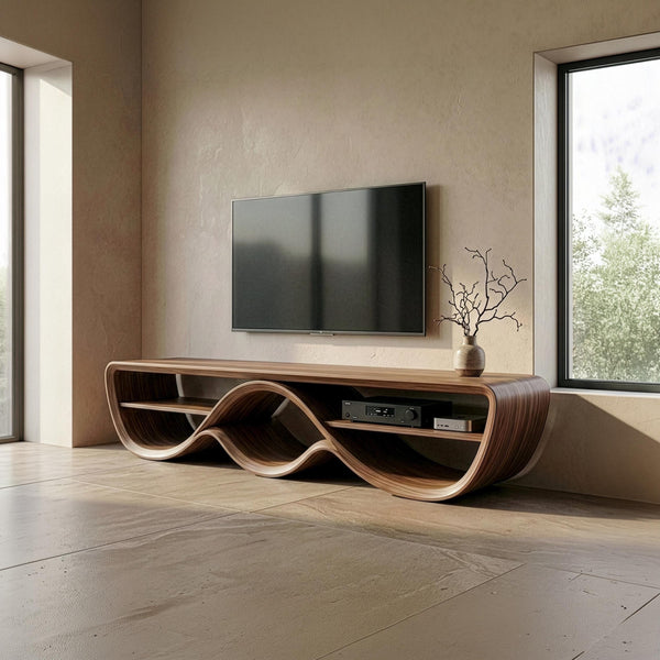 Solid Walnut Sculptural TV Stand, Organic Bent Wood Mid Century Console