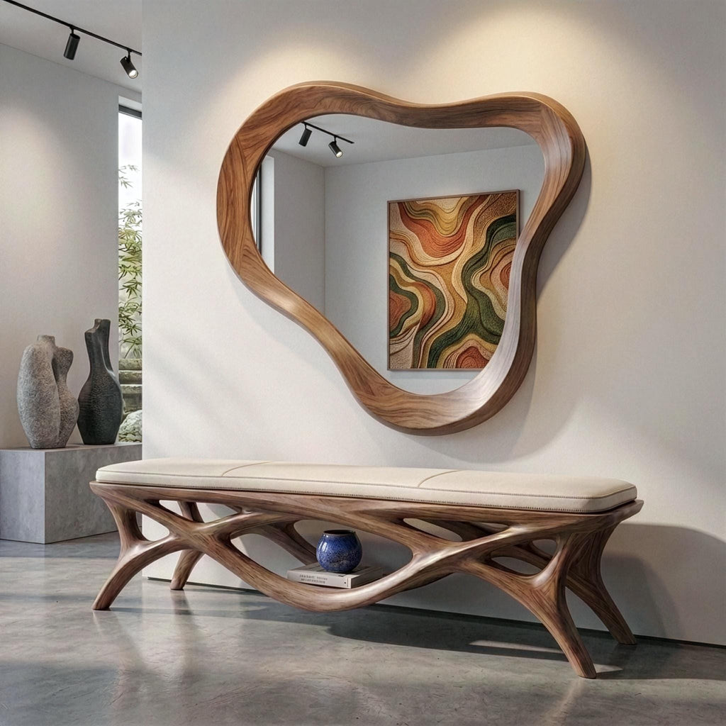 Asymmetrical Walnut Wood Mirror, Mid Century Modern Organic Bathroom Vanity Home Art