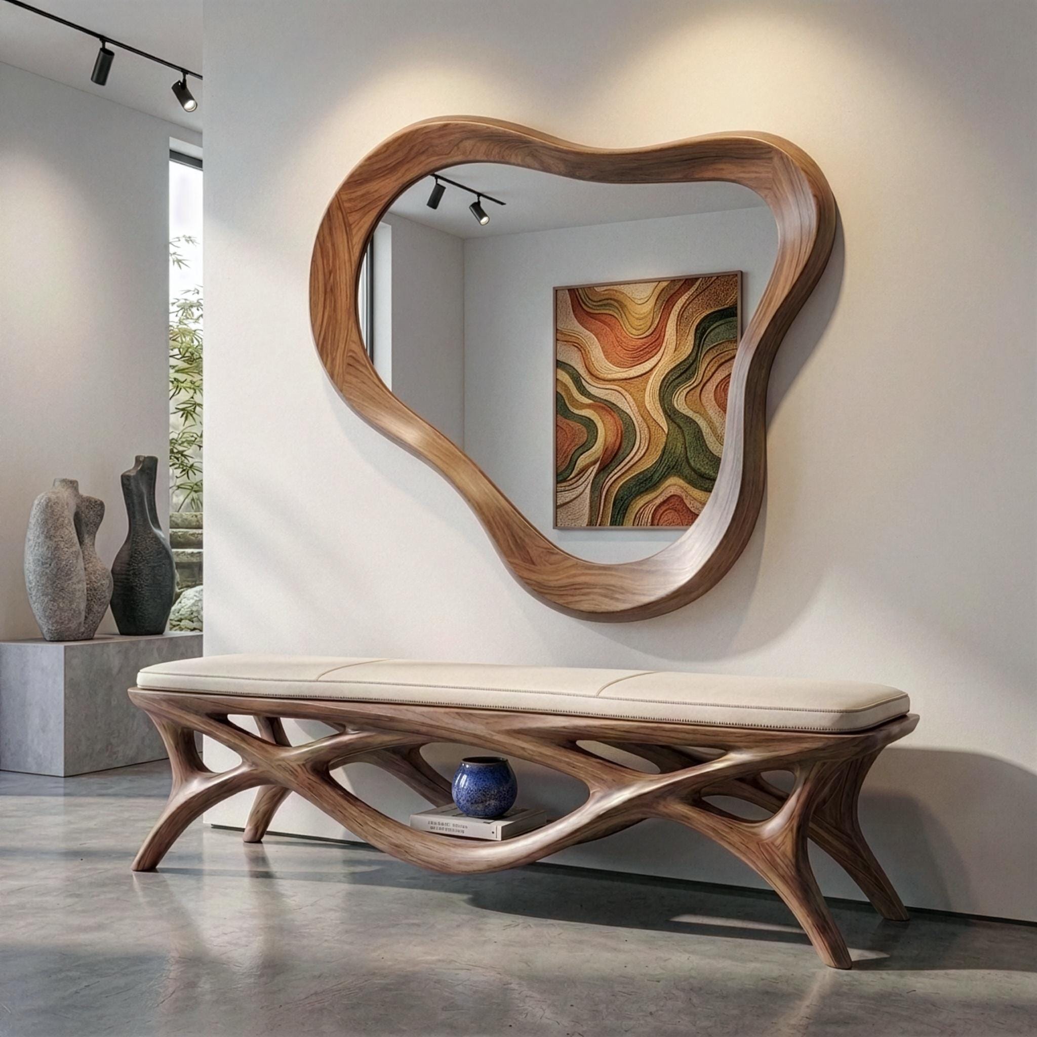 Asymmetrical Walnut Wood Mirror, Mid Century Modern Organic Bathroom Vanity Home Art
