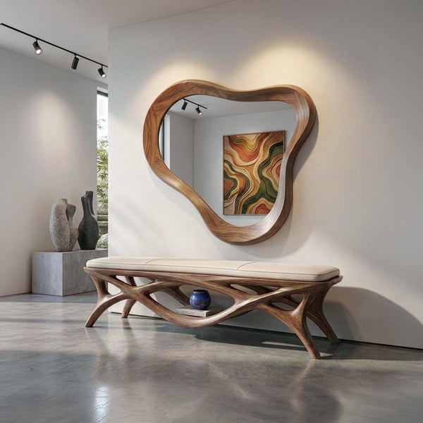 Asymmetrical Walnut Wood Mirror, Mid Century Modern Organic Bathroom Vanity Home Art