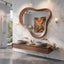 Asymmetrical Walnut Wood Mirror, Mid Century Modern Organic Bathroom Vanity Home Art