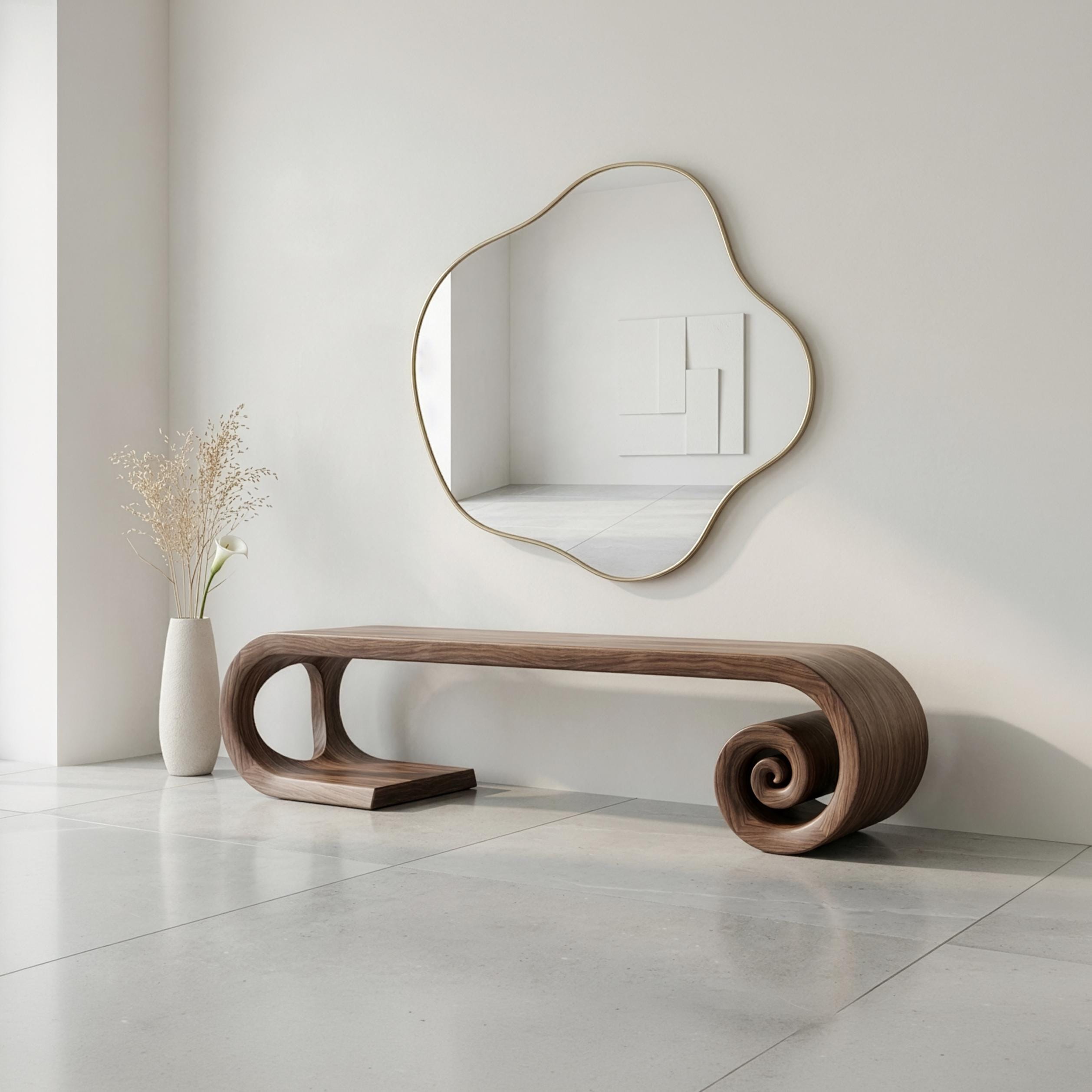 Sculptural Walnut Bench, Mid Century Modern Organic Hallway Seat, Solid Wood Furniture