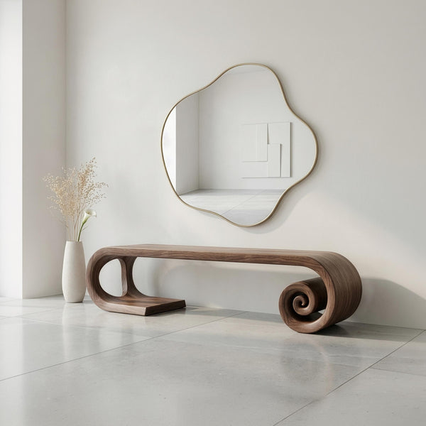 Sculptural Walnut Bench, Mid Century Modern Organic Hallway Seat, Solid Wood Furniture