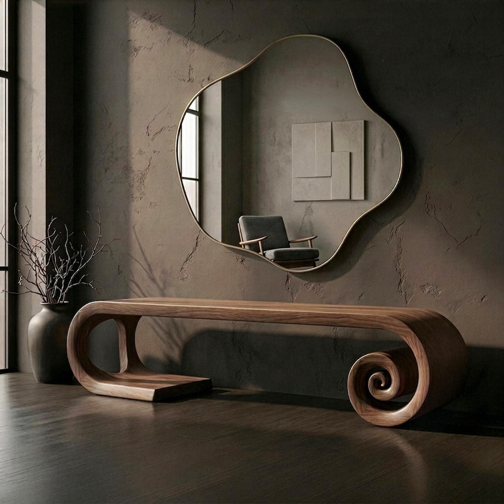 Sculptural Walnut Bench, Mid Century Modern Organic Hallway Seat, Solid Wood Furniture