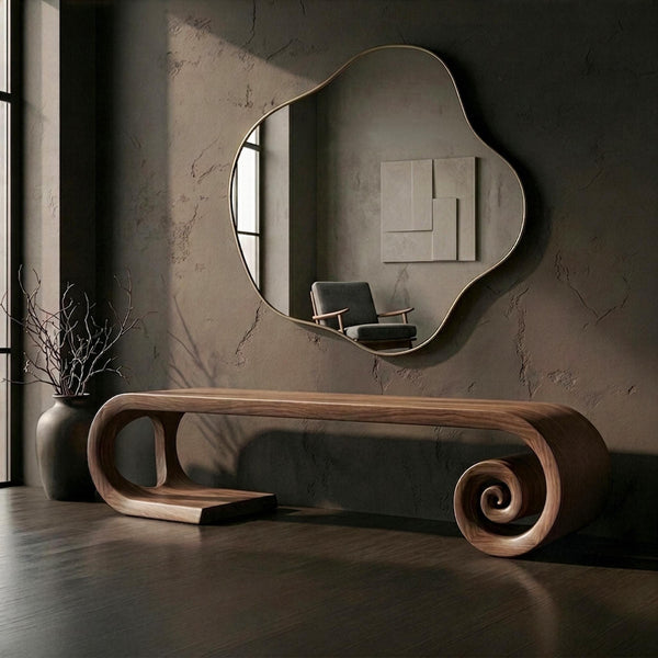 Sculptural Walnut Bench, Mid Century Modern Organic Hallway Seat, Solid Wood Furniture