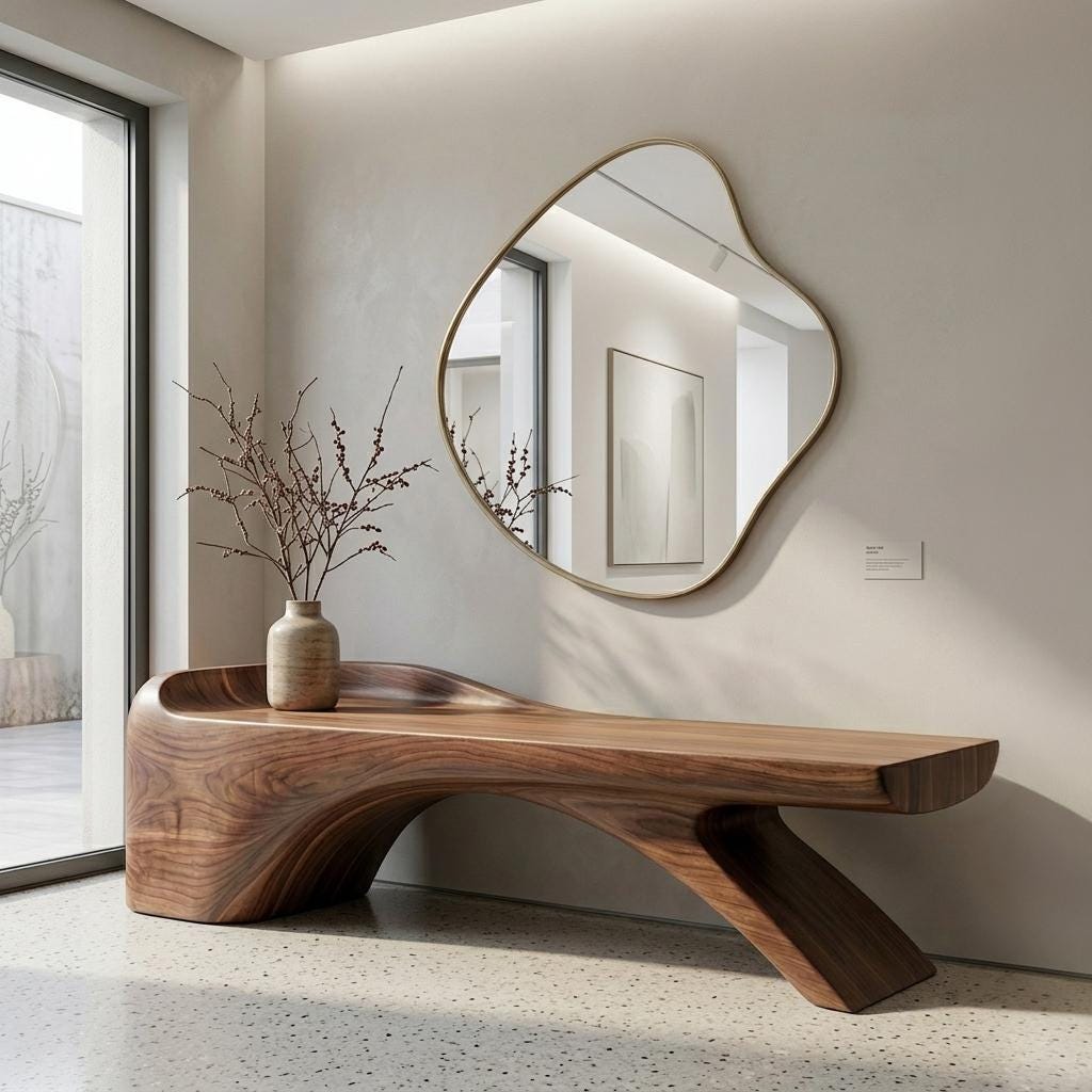 Handmade Artistic Solid Walnut Bench: Sculptural Mid-Century Modern Design