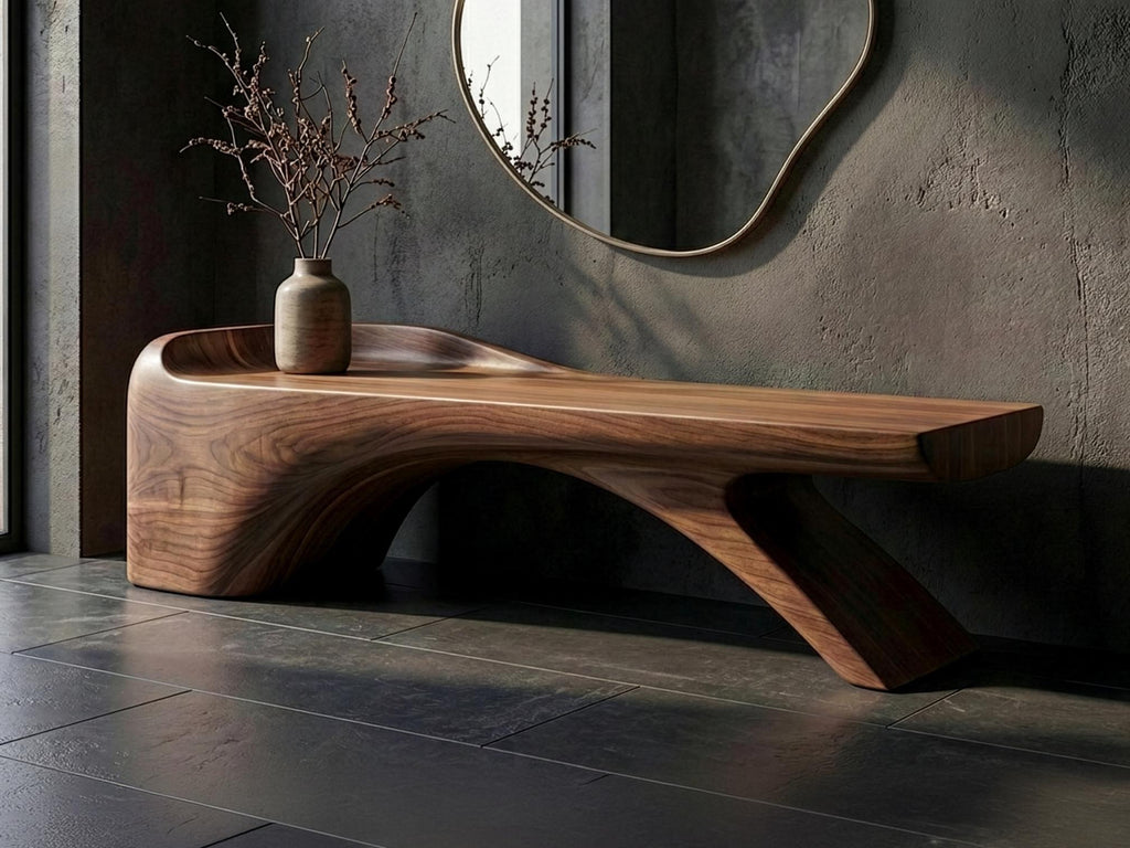 Handmade Artistic Solid Walnut Bench: Sculptural Mid-Century Modern Design