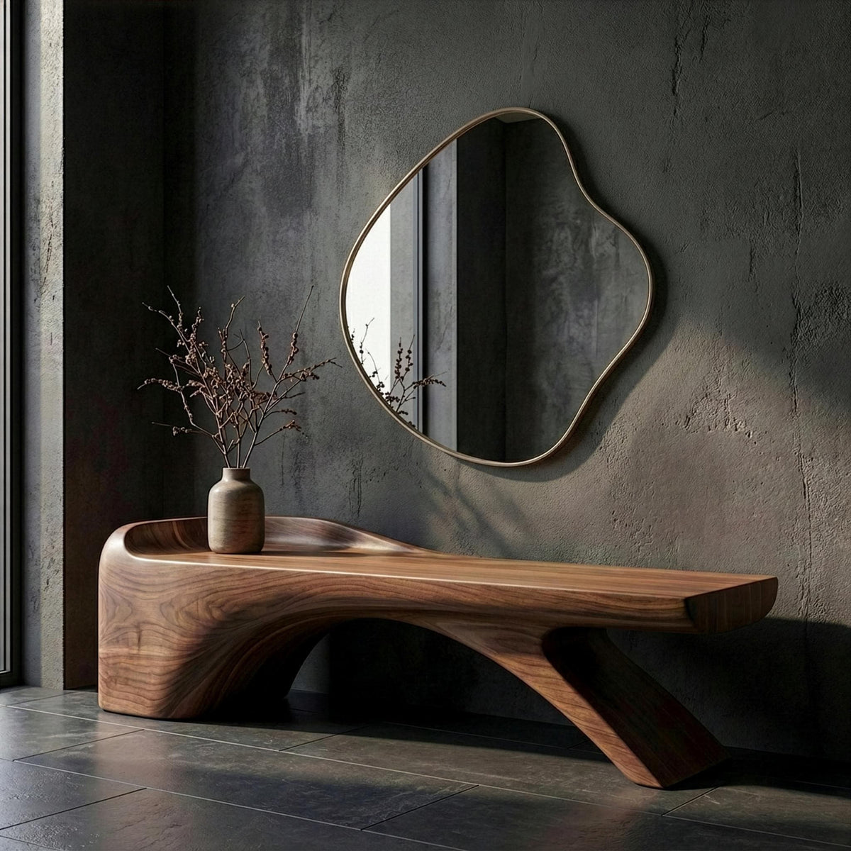 Handmade Artistic Solid Walnut Bench: Sculptural Mid-Century Modern Design