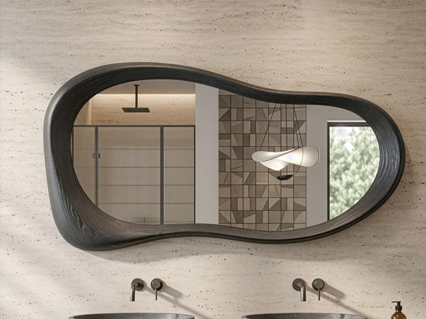 Black Oak Asymmetrical Mirror, Mid-Century Modern Organic Wooden Bathroom Mirror