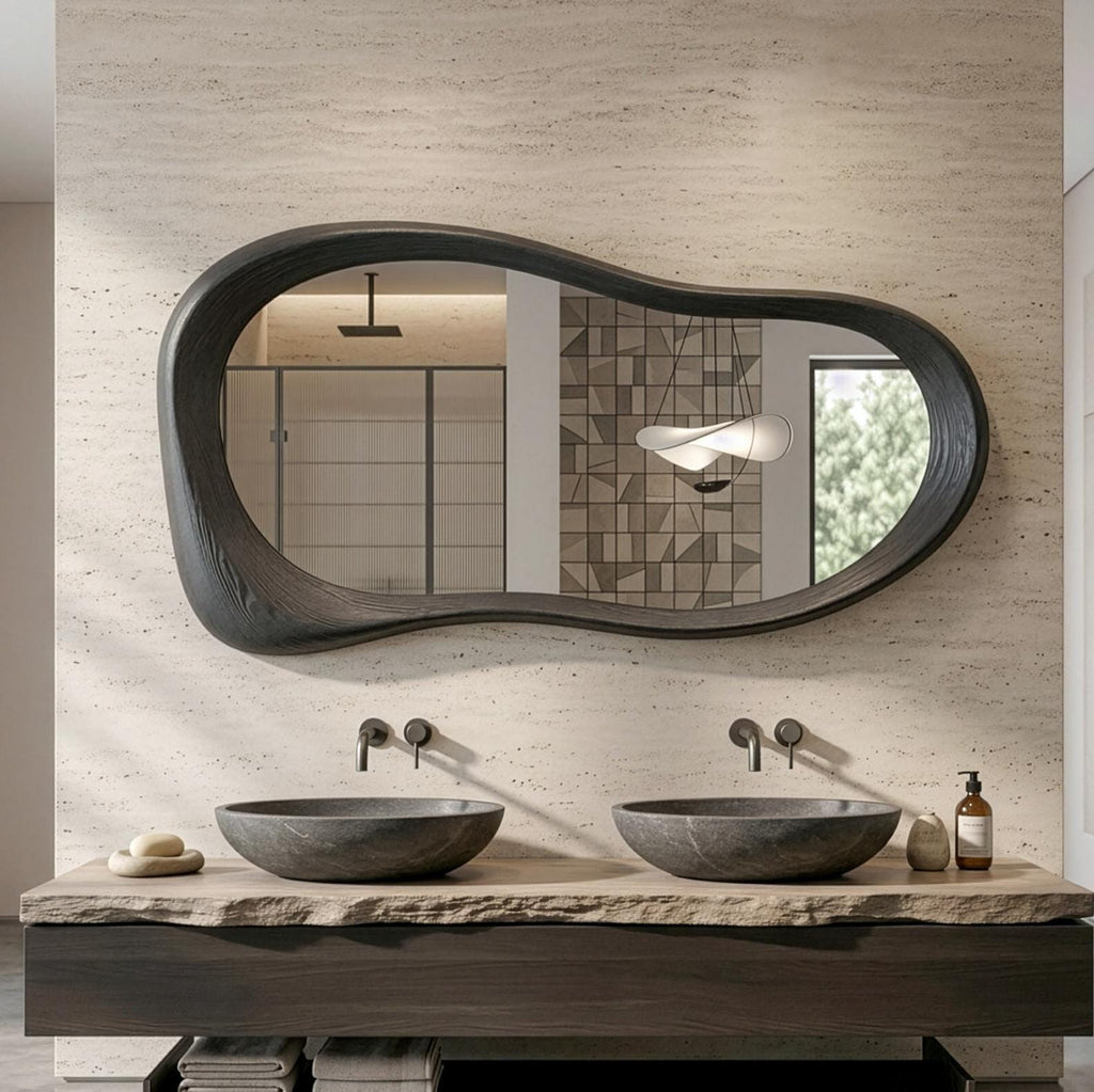 Black Oak Asymmetrical Mirror, Mid-Century Modern Organic Wooden Bathroom Mirror