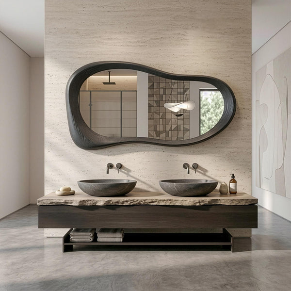 Black Oak Asymmetrical Mirror, Mid-Century Modern Organic Wooden Bathroom Mirror