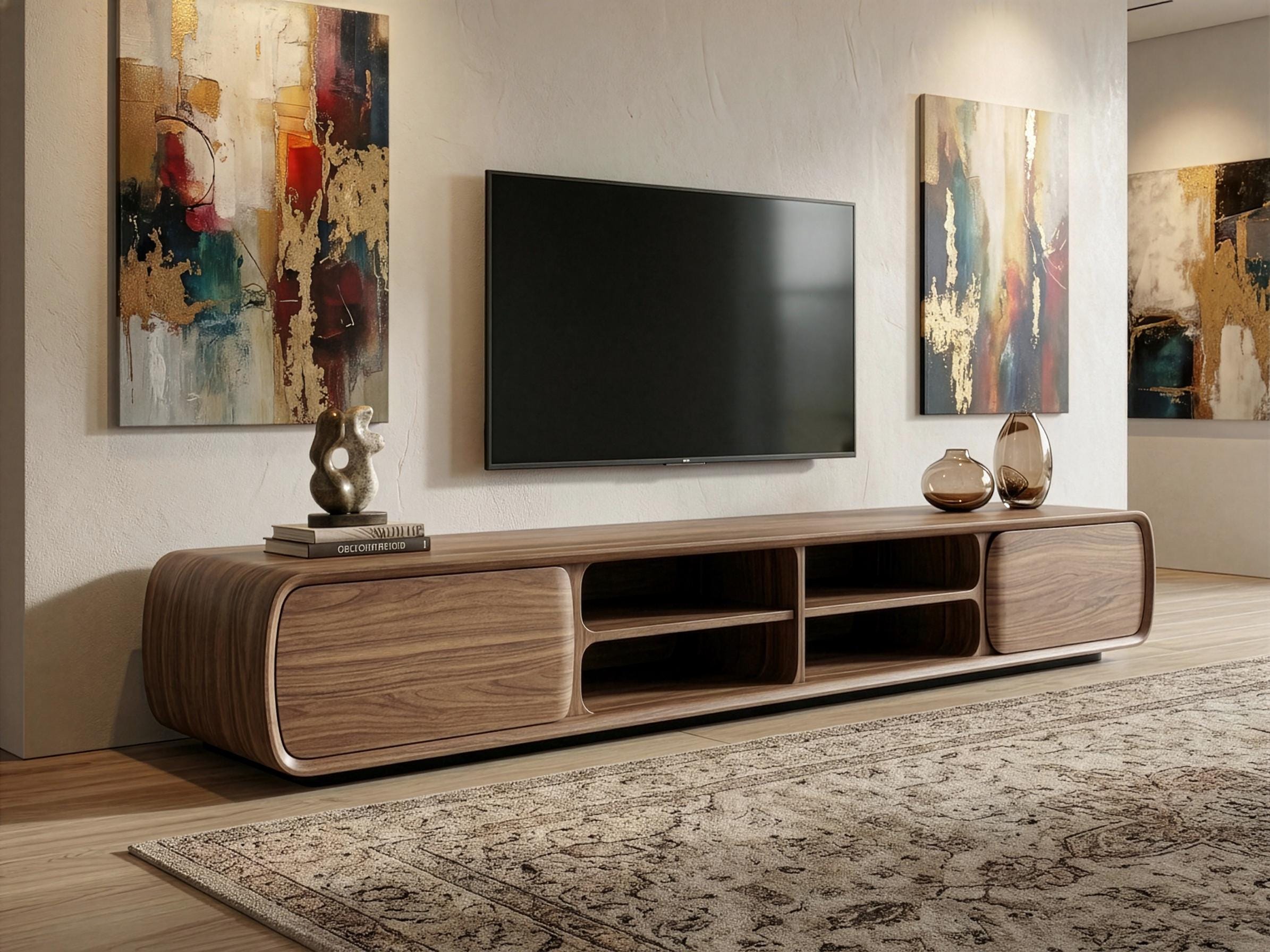 Solid Walnut TV Stand, Mid Century Media Console, Sculptural Living Room Furniture