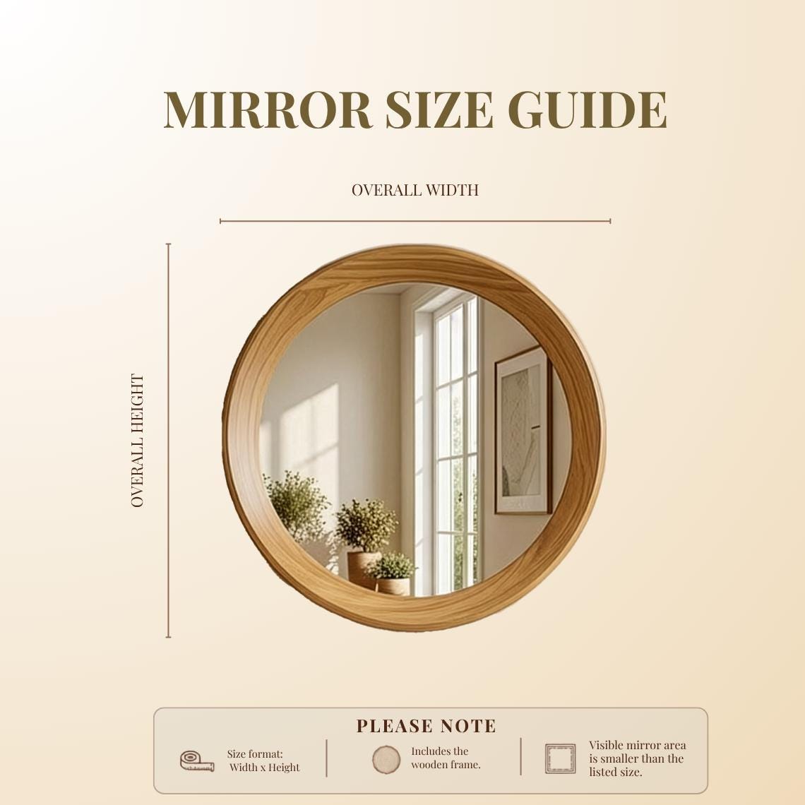 Oak Framed Round Wall Mirror, Mid Century Modern