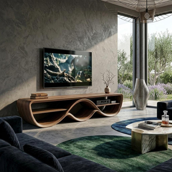 Solid Walnut Sculptural TV Stand, Organic Bent Wood Mid Century Console