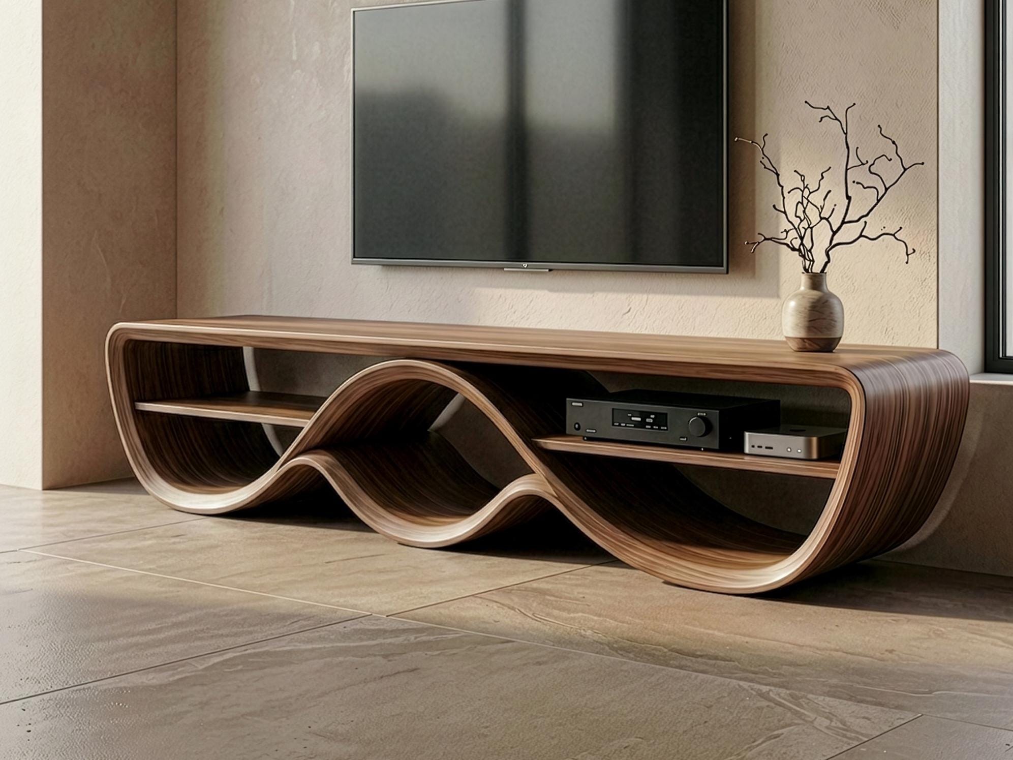 Solid Walnut Sculptural TV Stand, Organic Bent Wood Mid Century Console
