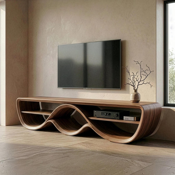 Solid Walnut Sculptural TV Stand, Organic Bent Wood Mid Century Console