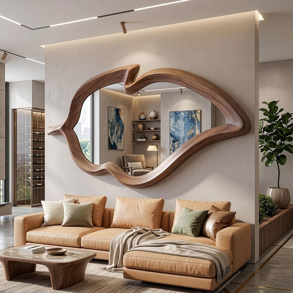 Organic Walnut Wavy Mirror, Asymmetrical Wood Wall Art, Irregular Living Room Accent