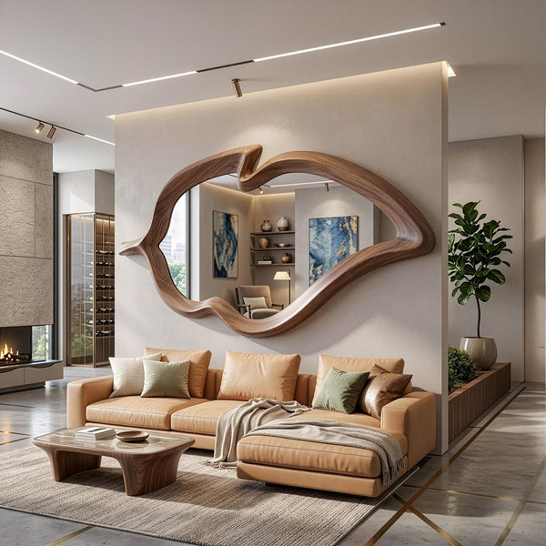 Organic Walnut Wavy Mirror, Asymmetrical Wood Wall Art, Irregular Living Room Accent