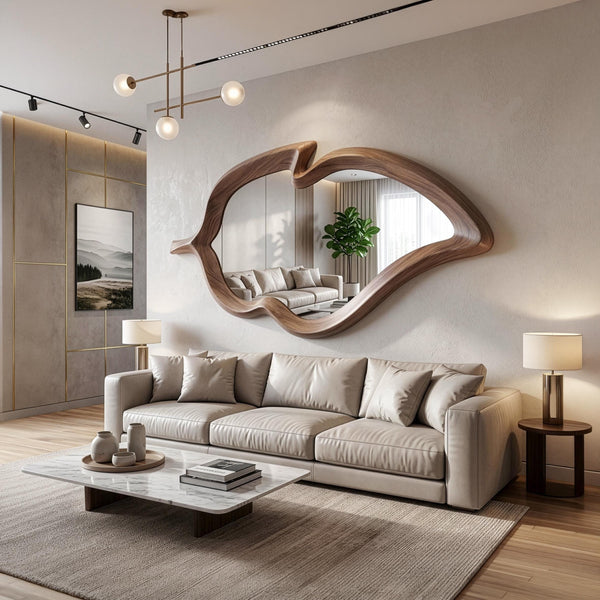 Organic Walnut Wavy Mirror, Asymmetrical Wood Wall Art, Irregular Living Room Accent