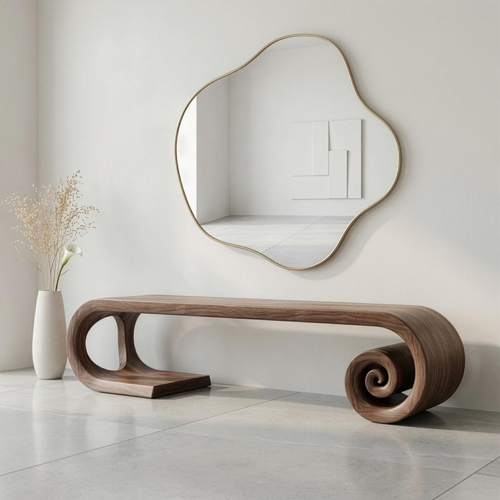 Sculptural Walnut Bench, Mid Century Modern Organic Hallway Seat, Solid Wood Furniture