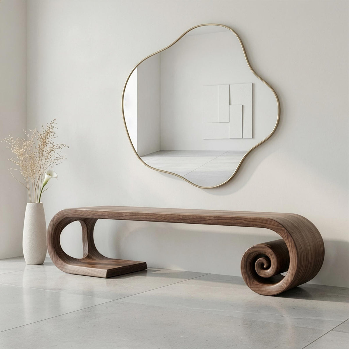 Sculptural Walnut Bench, Mid Century Modern Organic Hallway Seat, Solid Wood Furniture