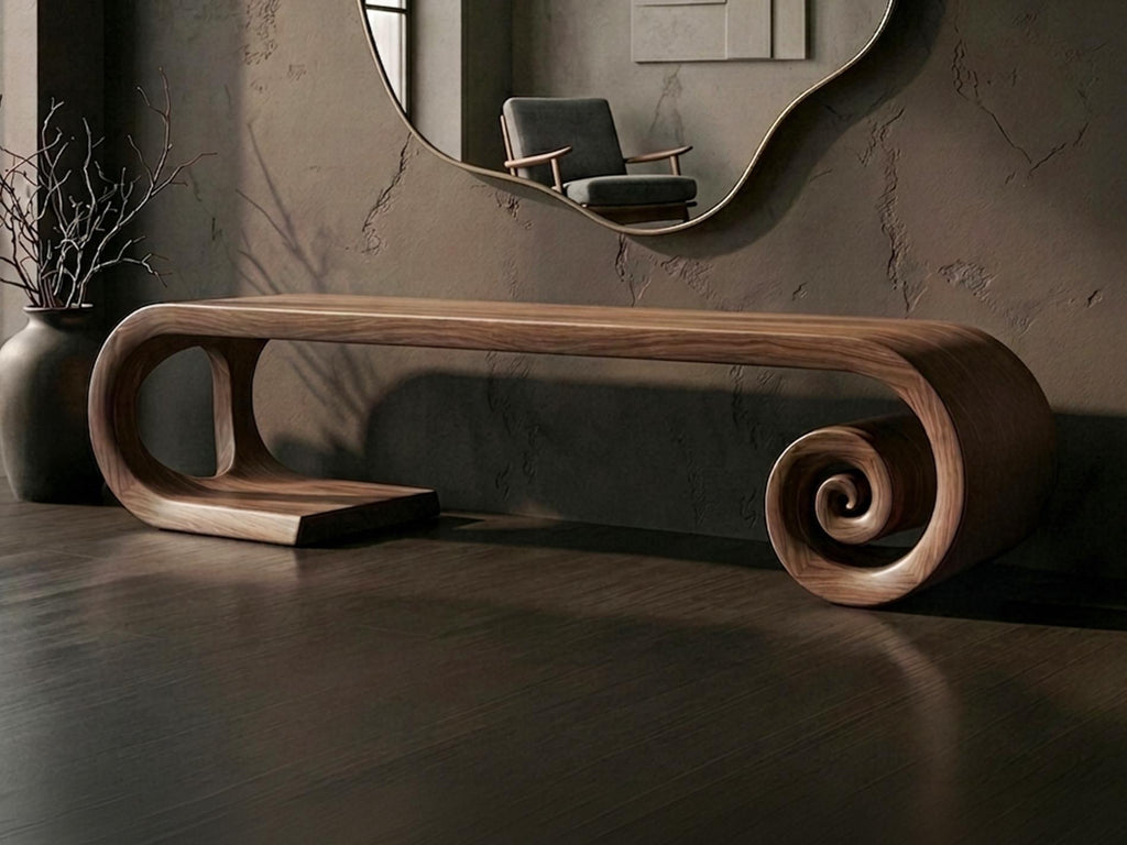 Sculptural Walnut Bench, Mid Century Modern Organic Hallway Seat, Solid Wood Furniture