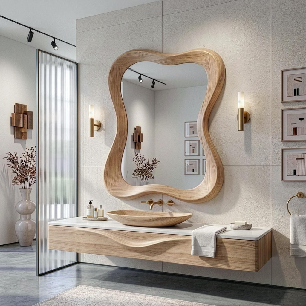 Solid Oak Asymmetrical Mirror, Organic Modern Wood Wall Art, Mid-Century Bathroom Mirror