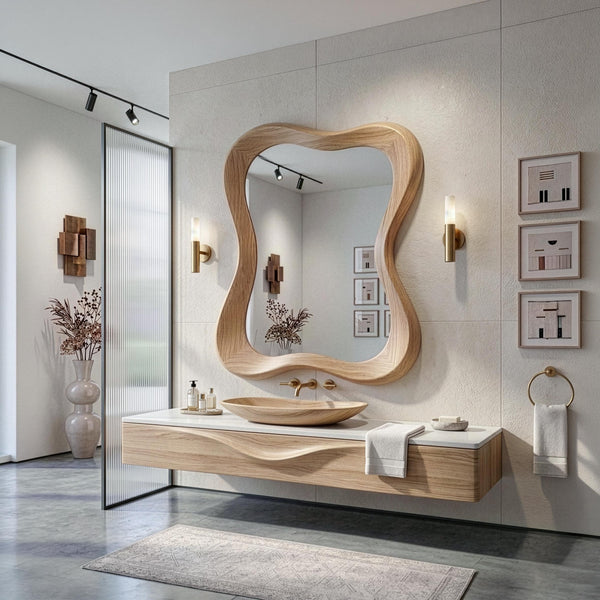 Solid Oak Asymmetrical Mirror, Organic Modern Wood Wall Art, Mid-Century Bathroom Mirror