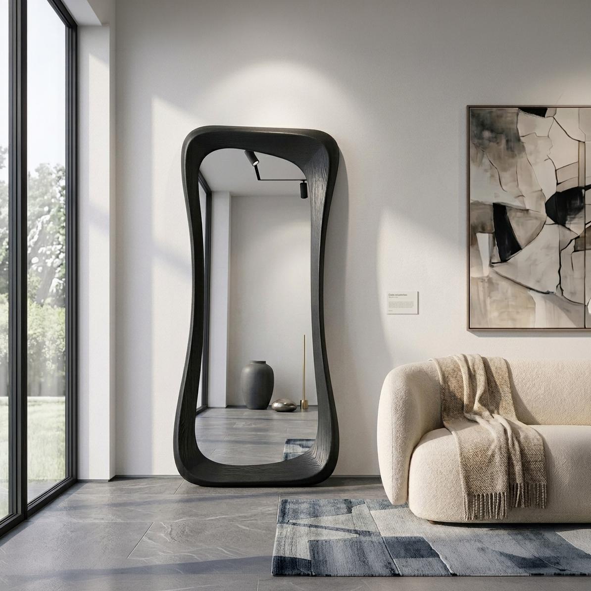 Handmade Black Oak Wood Asymmetrical Full Length Mirror – Organic Modern Floor Mirror