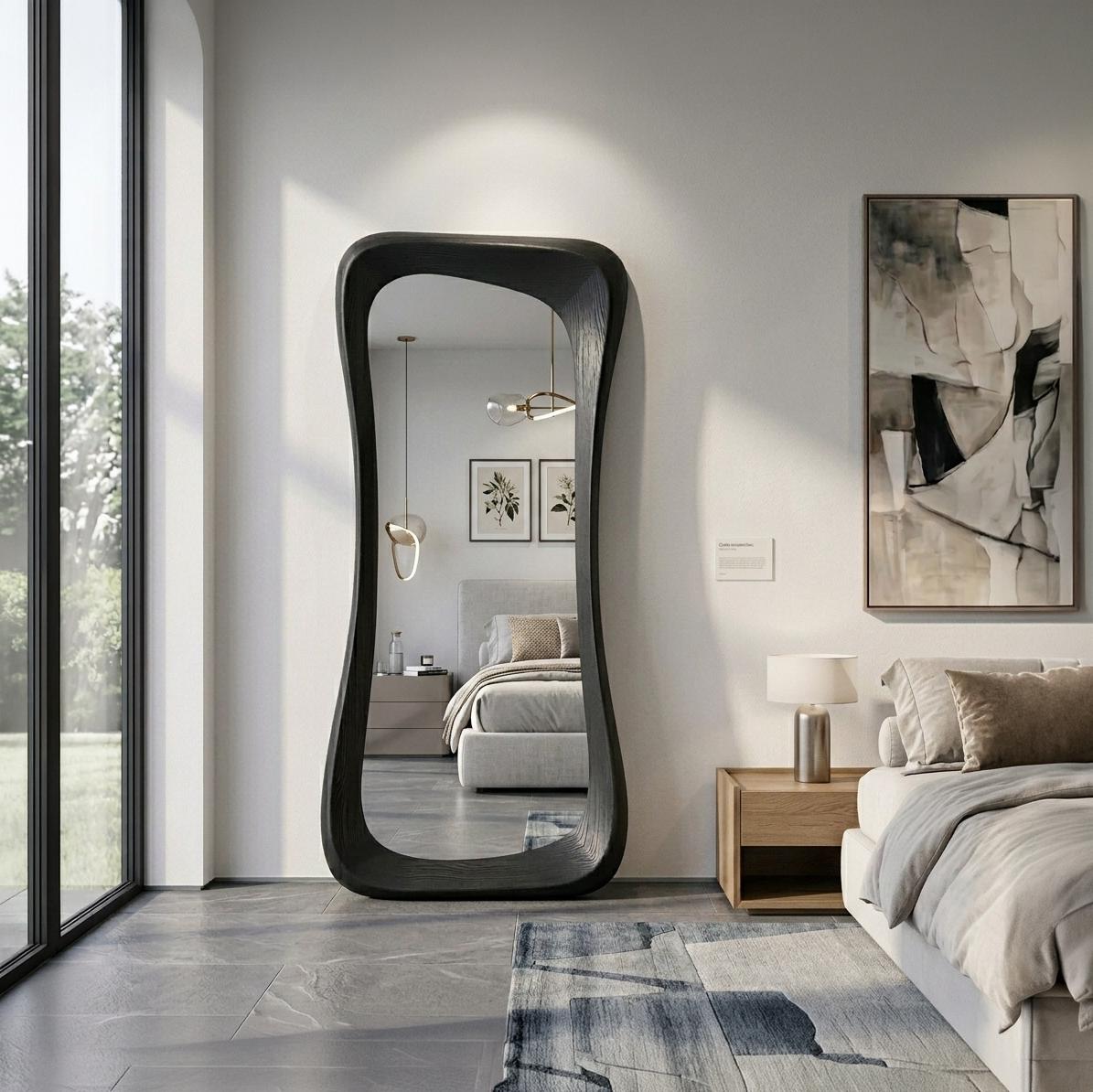 Handmade Black Oak Wood Asymmetrical Full Length Mirror – Organic Modern Floor Mirror