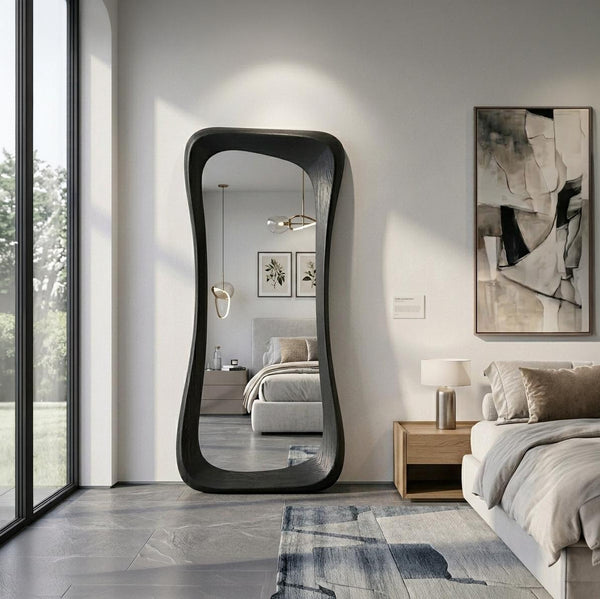 Handmade Black Oak Wood Asymmetrical Full Length Mirror – Organic Modern Floor Mirror