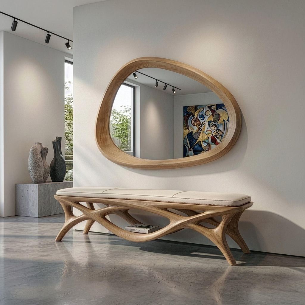 Oak Asymmetrical Mirror, Organic Modern Entryway Wall Art