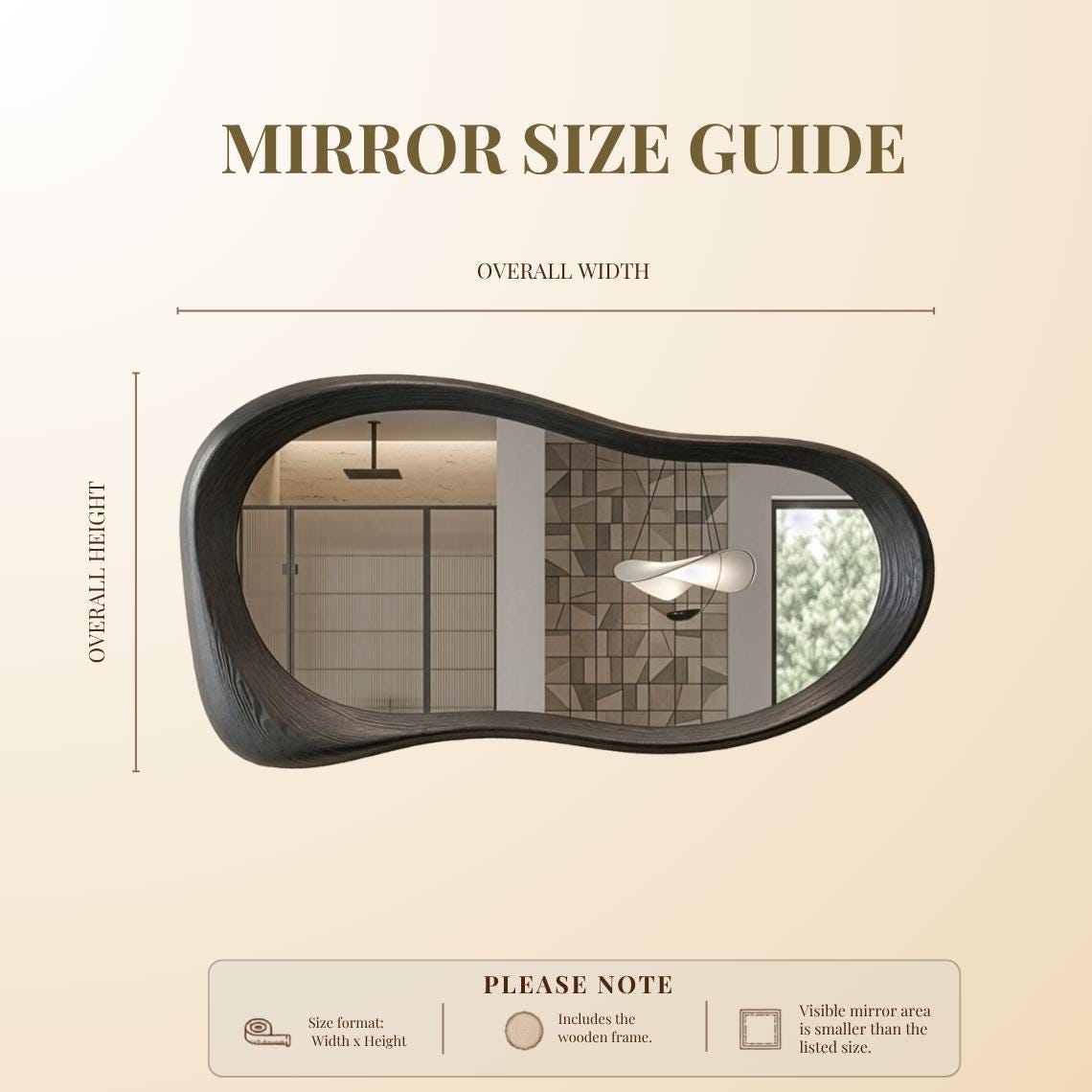 Black Oak Asymmetrical Mirror, Mid-Century Modern Organic Wooden Bathroom Mirror