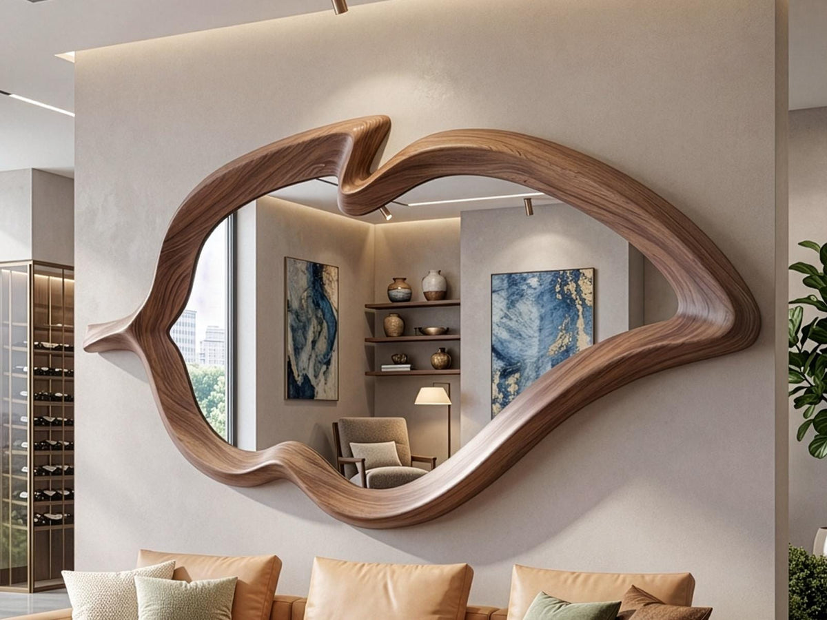 Organic Walnut Wavy Mirror, Asymmetrical Wood Wall Art, Irregular Living Room Accent