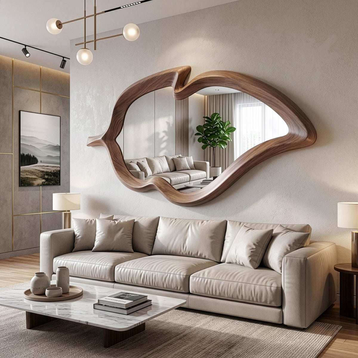 Organic Walnut Wavy Mirror, Asymmetrical Wood Wall Art, Irregular Living Room Accent