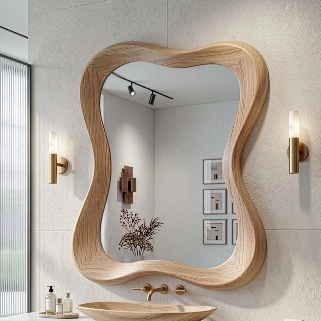 Solid Oak Asymmetrical Mirror, Organic Modern Wood Wall Art, Mid-Century Bathroom Mirror