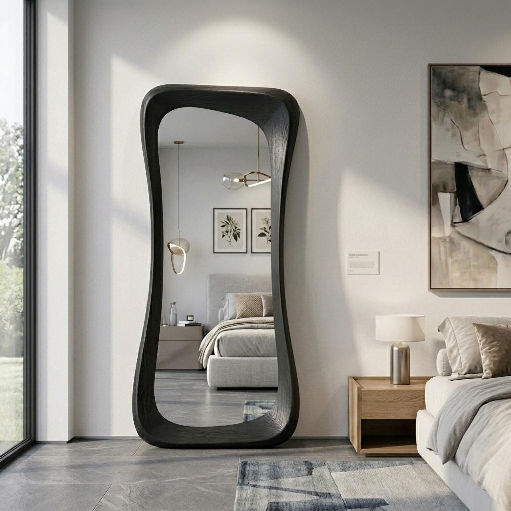 Handmade Black Oak Wood Asymmetrical Full Length Mirror – Organic Modern Floor Mirror