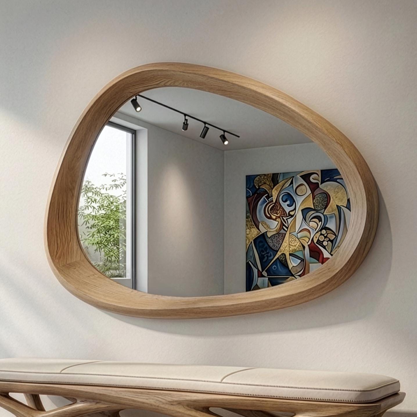 Oak Asymmetrical Mirror, Organic Modern Entryway Wall Art Secondary image