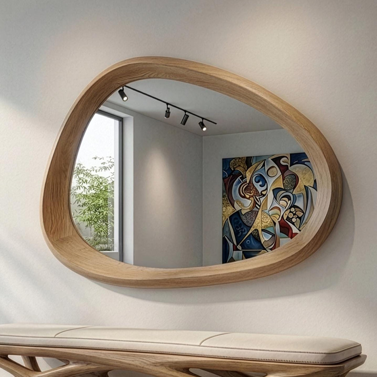 Oak Asymmetrical Mirror, Organic Modern Entryway Wall Art